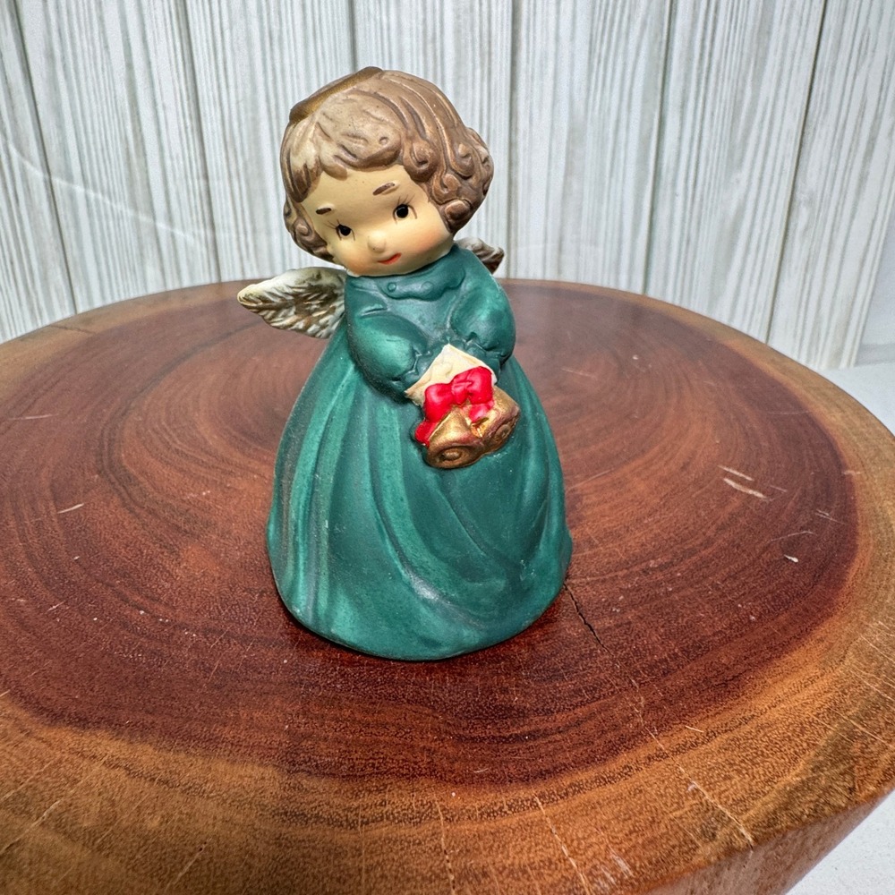 Vintage Ceramic Angel Bell Figurine‎ Green Dress Gold Halo Christmas Decor